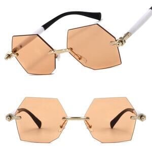Bold Gold and White Geometric Sunglasses Womens Edgy Rimless Hexagon Tinted
